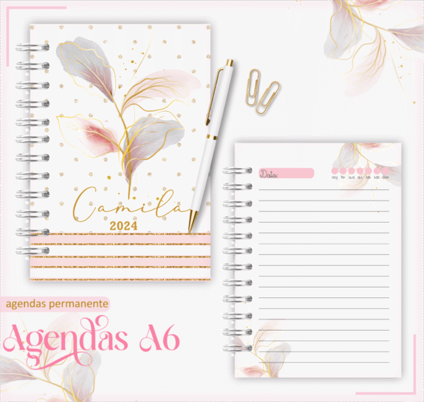 Agenda Permanente - A6 Flor Rosa com Dourado (Lina) - Imagem 1
