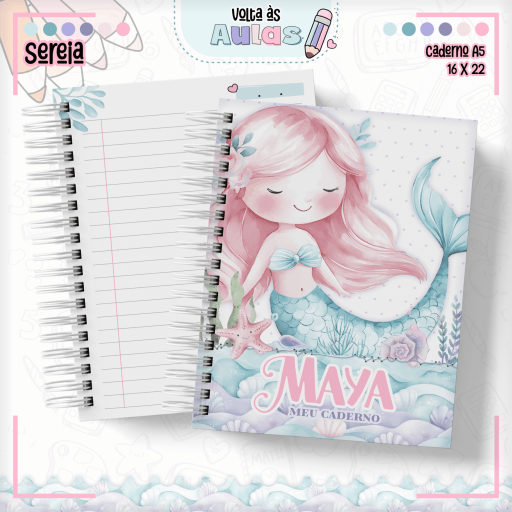 01-CADERNO-A5-11 Sereia - Kit Escolar 2025 (Lina Criativa) - Imagem 1
