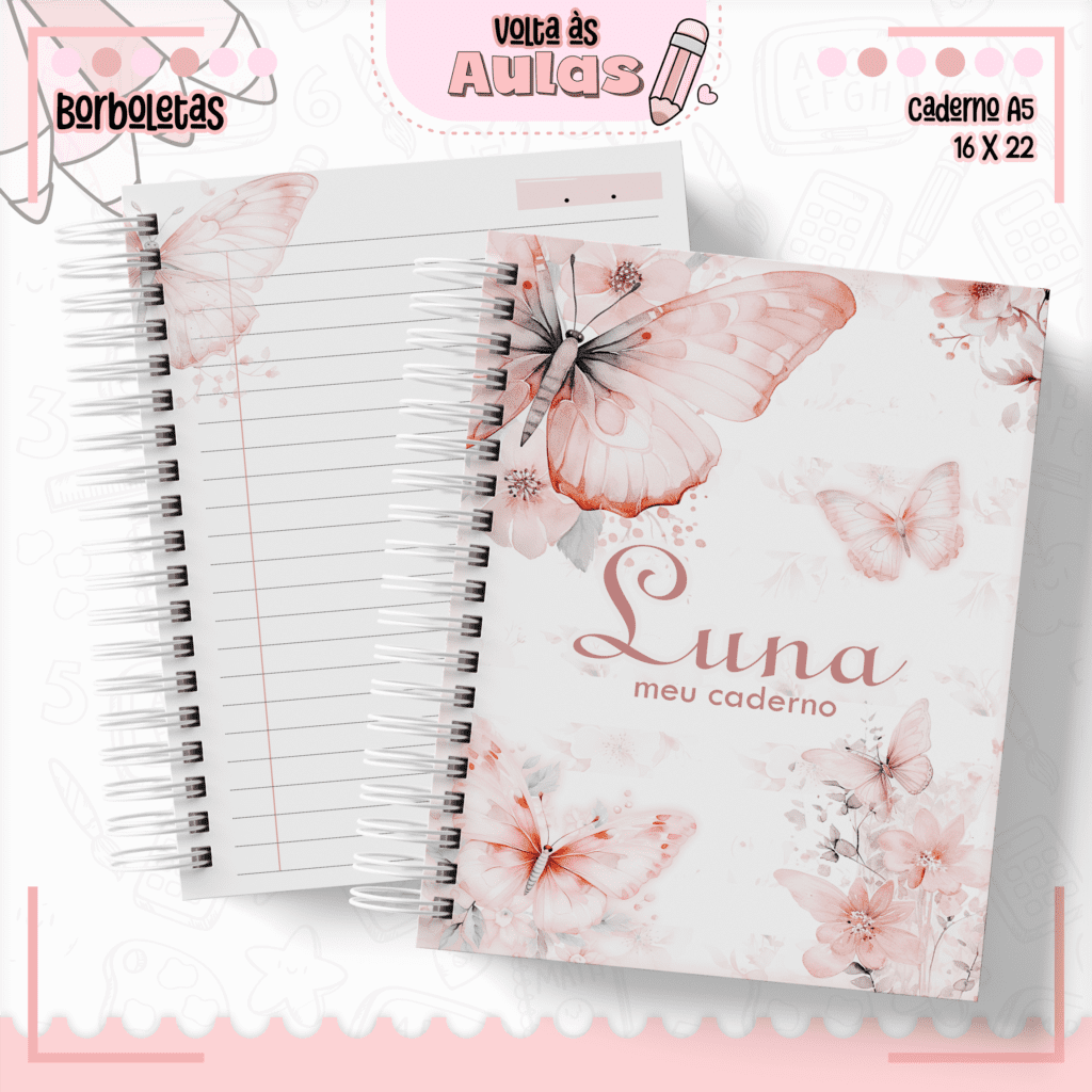 01-CADERNO-A5-5 BORBOLETAS- Kit Escolar 2025 (Lina Criativa) (cópia) - Imagem 1