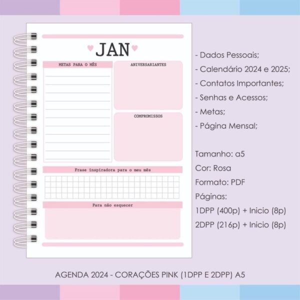 Miolos Agendas A5 - 2024 1DPP | 2DPP - Corações Pink - Imagem 4