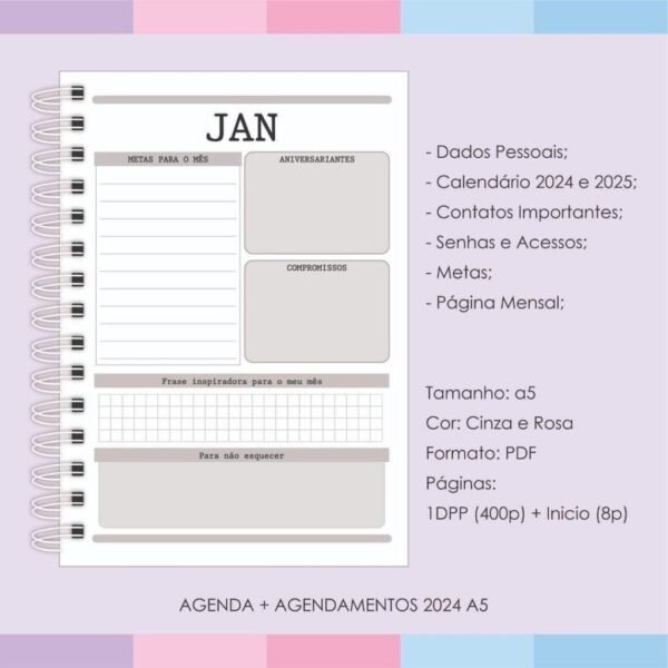 Miolo Agendamento A5 - 2024 1DPP - Pink e Cinza - Imagem 3