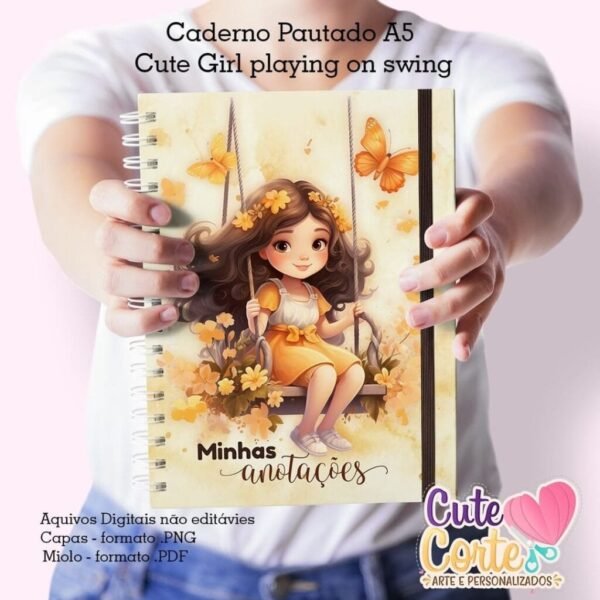 Caderno Pautado A5 + Bloquinho A6 – Cute Girl Playing On Swing - Imagem 1
