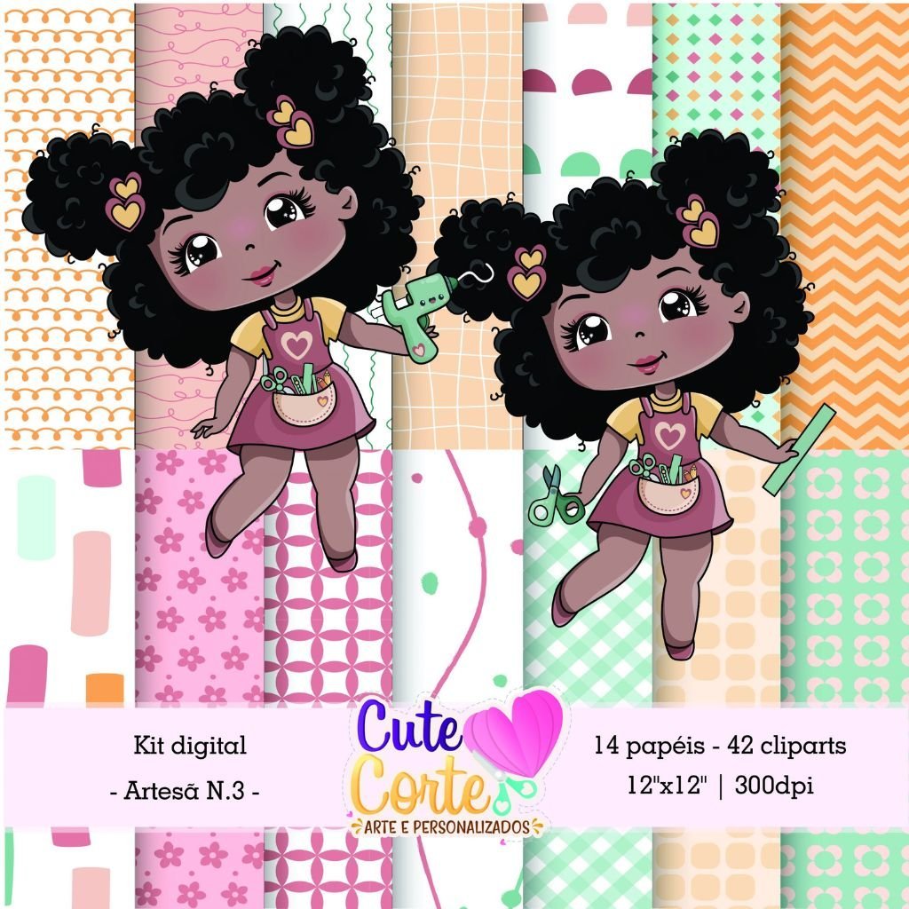 Cute-Corte-Kit-Digital-Artesa-2.jpg 3 Kits Digitais – Meninas Artesã, Papéis Digitais e Cliparts - Imagem 2