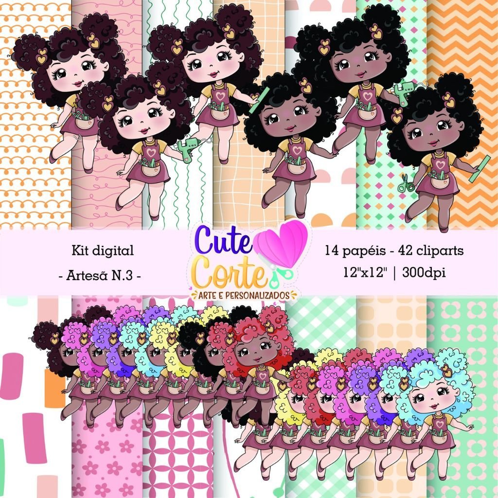 Cute-Corte-Kit-Digital-Artesa-3.jpg 3 Kits Digitais – Meninas Artesã, Papéis Digitais e Cliparts - Imagem 3