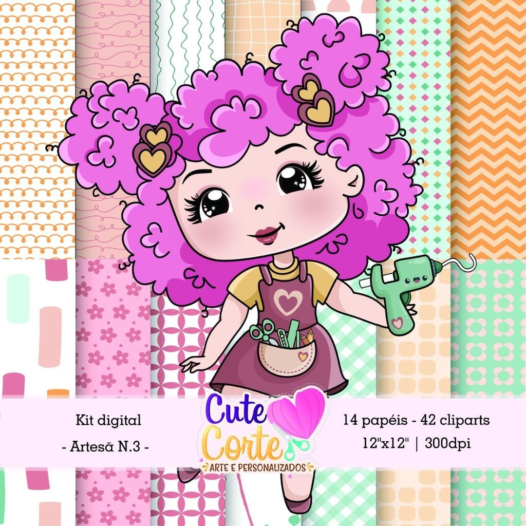 Cute-Corte-Kit-Digital-Artesa-4.jpg 3 Kits Digitais – Meninas Artesã, Papéis Digitais e Cliparts - Imagem 4
