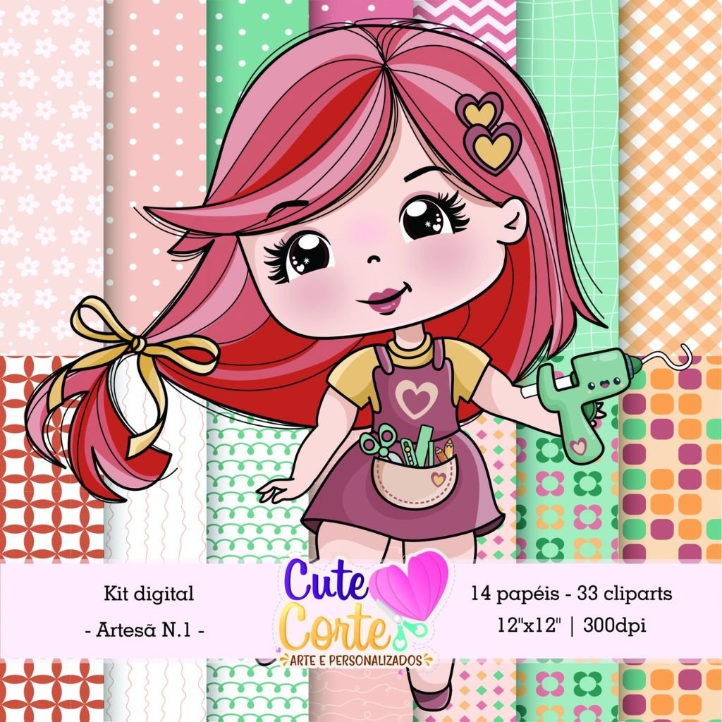 Cute-Corte-Kit-Digital-Artesa-5.jpg 3 Kits Digitais – Meninas Artesã, Papéis Digitais e Cliparts - Imagem 5