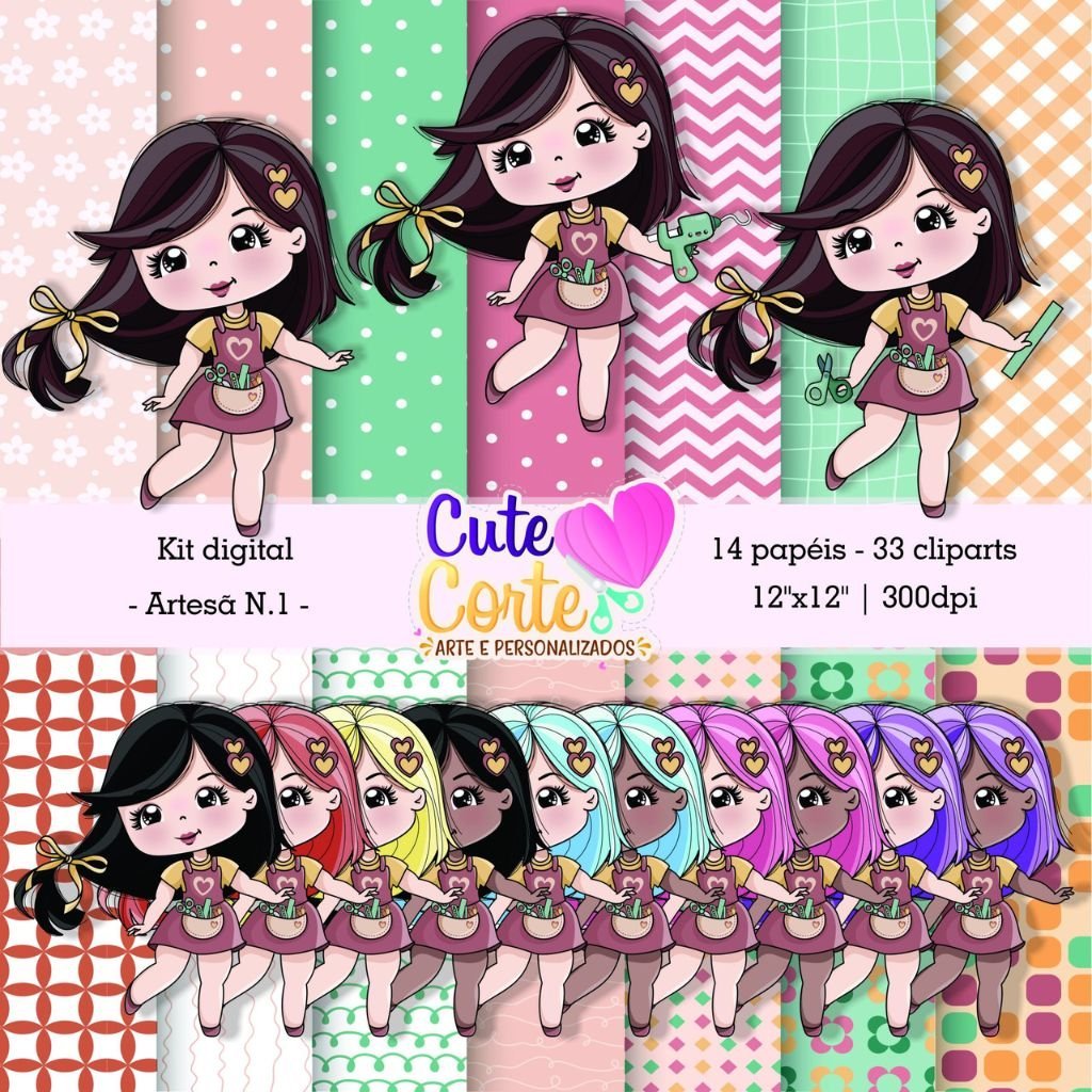 Cute-Corte-Kit-Digital-Artesa-7.jpg 3 Kits Digitais – Meninas Artesã, Papéis Digitais e Cliparts - Imagem 7