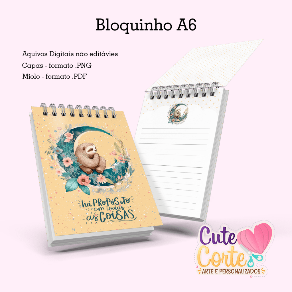 Mock4-2.png Caderno Pautado A5 + Bloquinho A6 – Preguiça (Cute Corte) - Imagem 2