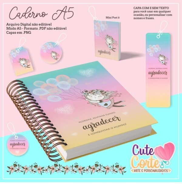 Caderno Pautado A5 + Bloquinho A6 – Agradecer (Cute Corte) - Imagem 1