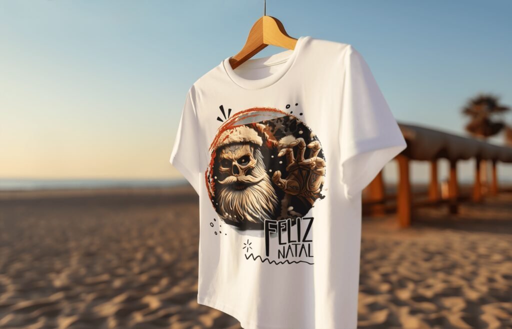 ai-generated-mockup-of-a-crewneck-t-shirt-placed-on-a-hanger-at-the-beach-m33563-1-1.jpg Estampas Noel de Terror - Camisas (Ana Melin) - Imagem 9