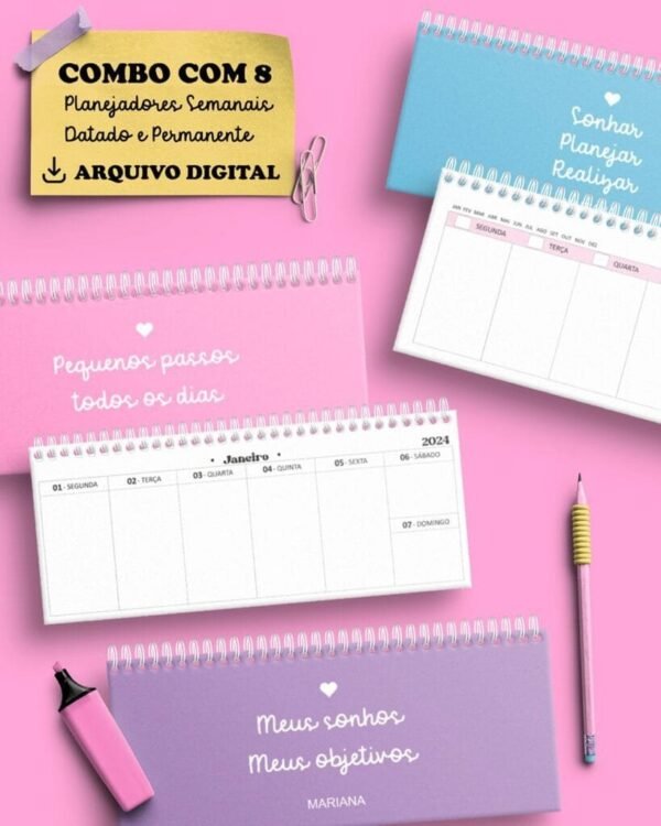 Combo 8 arquivos Desk Planner Semanal Permanente e Datado 2024 - Imagem 1