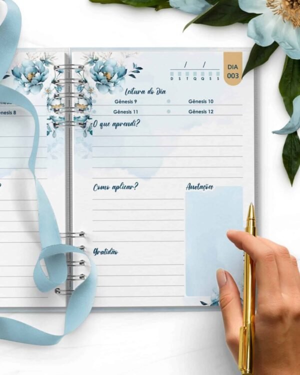 Combo Devocional Leitura da Bíblia 365 dias Católica Evangélica Leitura Livre Floral Azul - Imagem 4