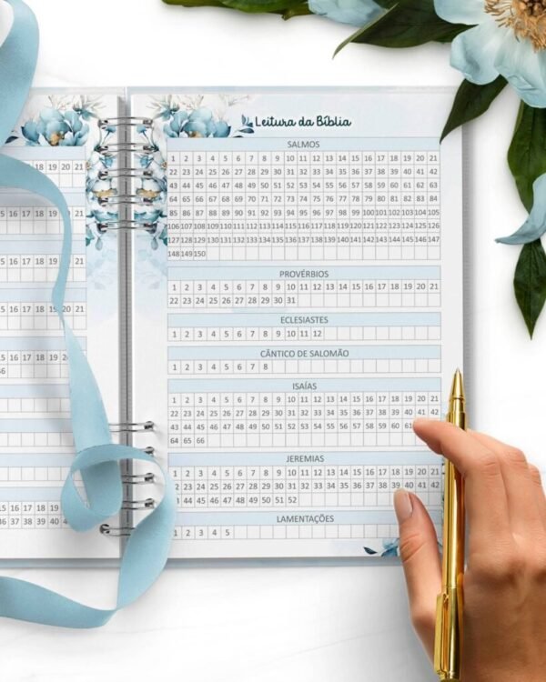 Combo Devocional Leitura da Bíblia 365 dias Católica Evangélica Leitura Livre Floral Azul - Imagem 2