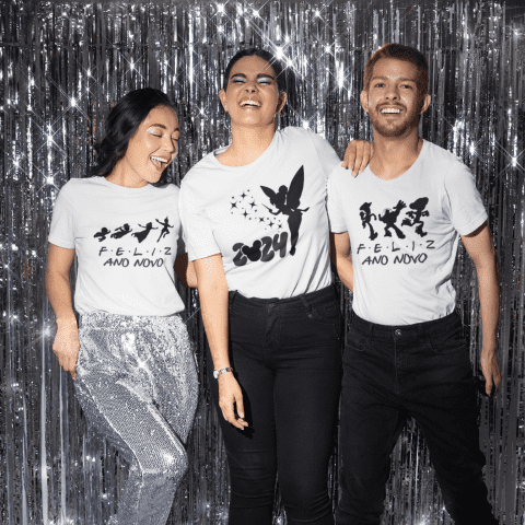 bella-canvas-tee-mockup-featuring-two-happy-women-and-a-man-celebrating-new-year-s-day-m30483 Pack Canecas | Camisas - Personagens Ano Novo 2024 (Yukina) - Imagem 1