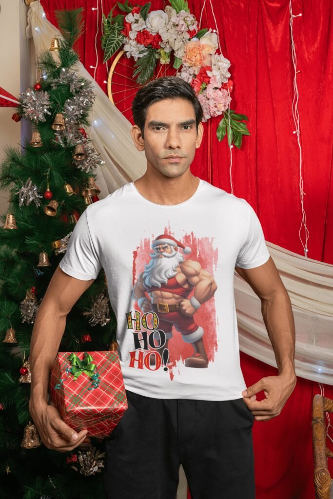 gildan-t-shirt-mockup-featuring-a-serious-man-celebrating-christmas-m30617 Estampas Papai Noel Bombado - Camisas (Ana Melin) - Imagem 14