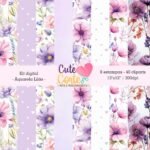 Kit Digital – Aquarela Lilás (8 Papéis Digitais + 40 Cliparts) - Imagem 2