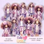 Kit Digital – Aquarela Lilás (8 Papéis Digitais + 40 Cliparts)