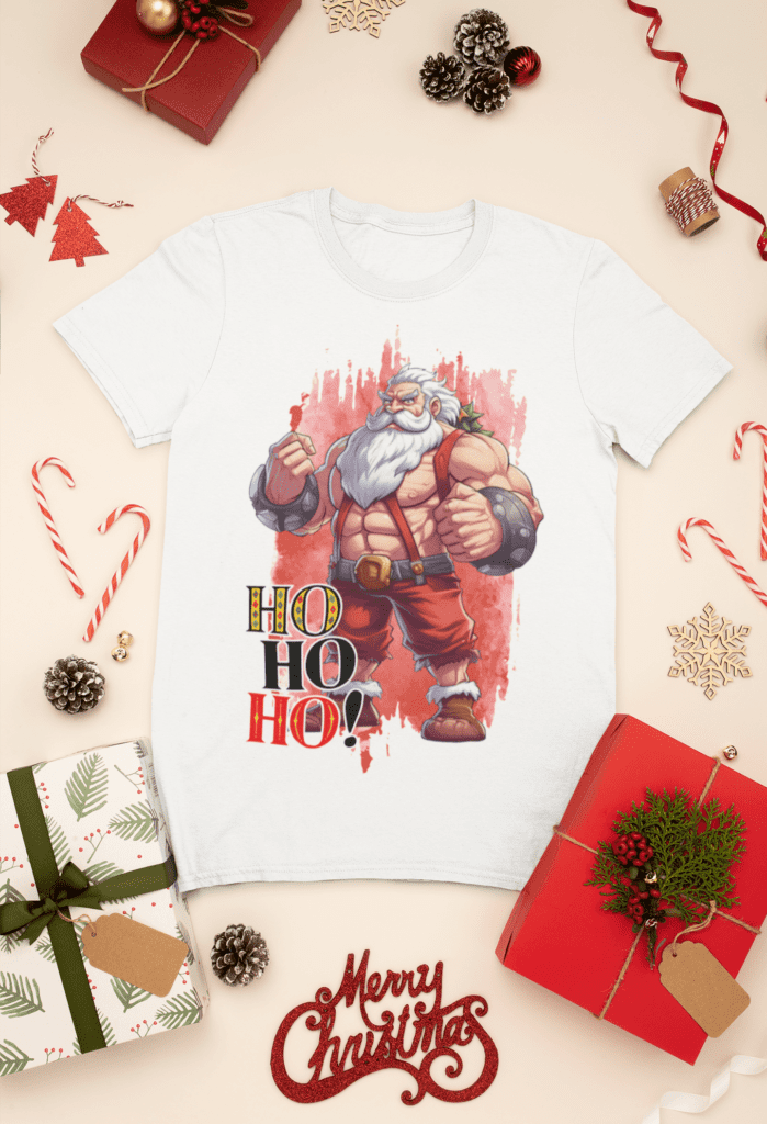 mockup-of-a-t-shirt-surrounded-by-christmas-presents-and-decorations-30632-13 Estampas Papai Noel Bombado - Camisas (Ana Melin) - Imagem 4