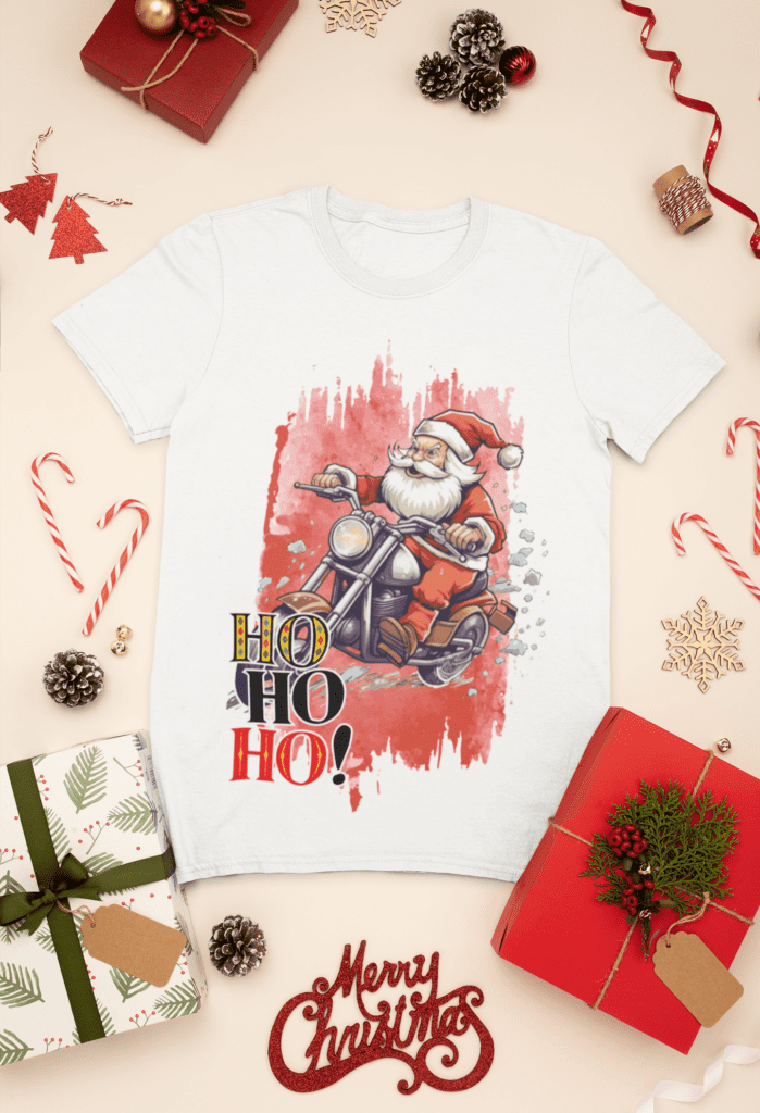 mockup-of-a-t-shirt-surrounded-by-christmas-presents-and-decorations-30632-3 Estampas Papai Noel Bombado - Camisas (Ana Melin) - Imagem 12