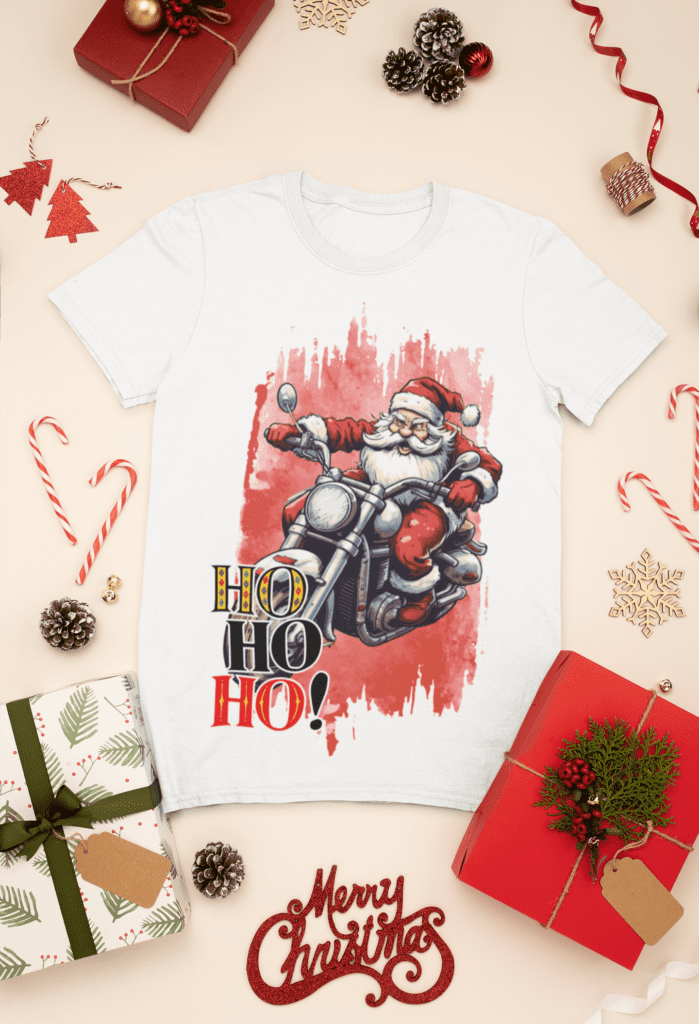 mockup-of-a-t-shirt-surrounded-by-christmas-presents-and-decorations-30632-7 Estampas Papai Noel Bombado - Camisas (Ana Melin) - Imagem 9
