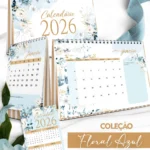 Kit Calendário 2026 – Coleção Floral Azul – Bicho Papel