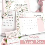 Kit Calendário 2026 – Coleção Floral Rosa – Bicho Papel