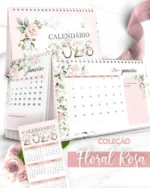 Kit Calendário 2026 – Coleção Floral Rosa – Bicho Papel
