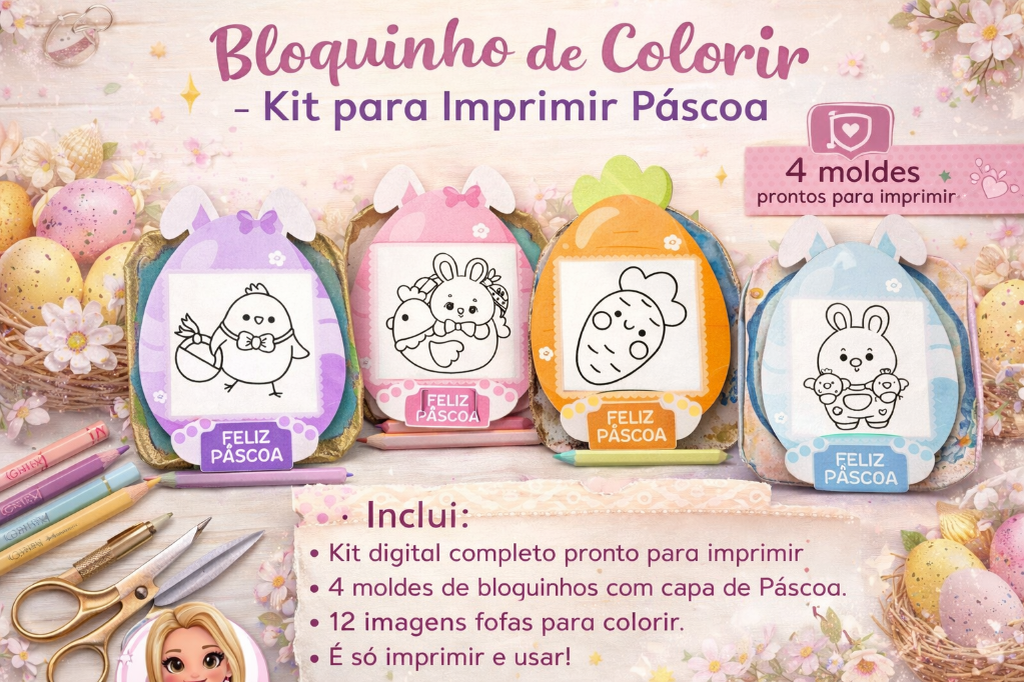 Bloquinho de Colorir - Kit para Imprimir Páscoa Bloquinho de Colorir Páscoa – Arquivo Digital Pronto para Imprimir com 4 Moldes e 12 Desenhos - Imagem 1