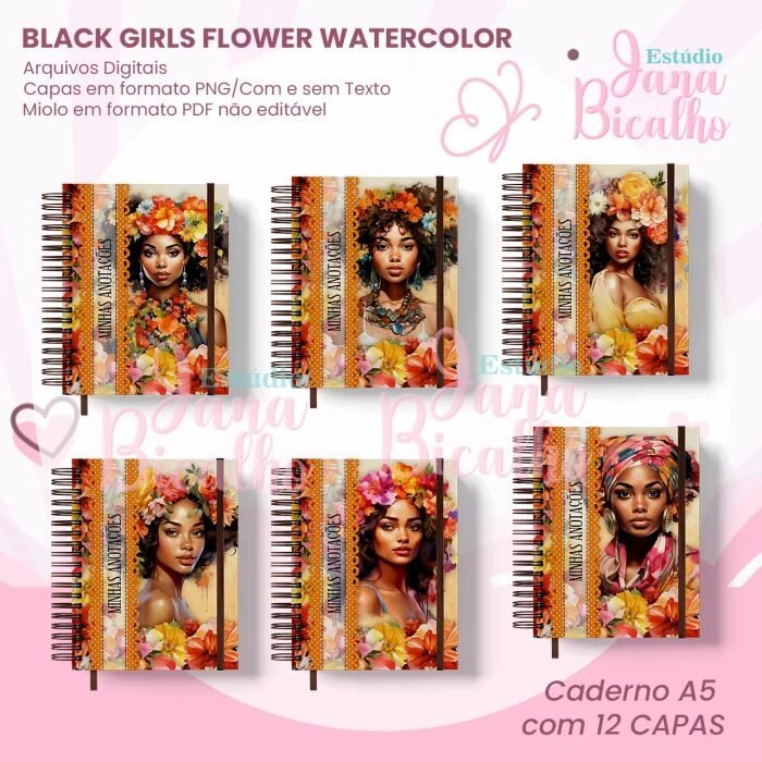 1-BLACK-GIRLS-FLOWER-WATERCOLOR.jpg Caderno A5 – Black Girls Flower Watercolor (Jana Bicalho) - Imagem 1
