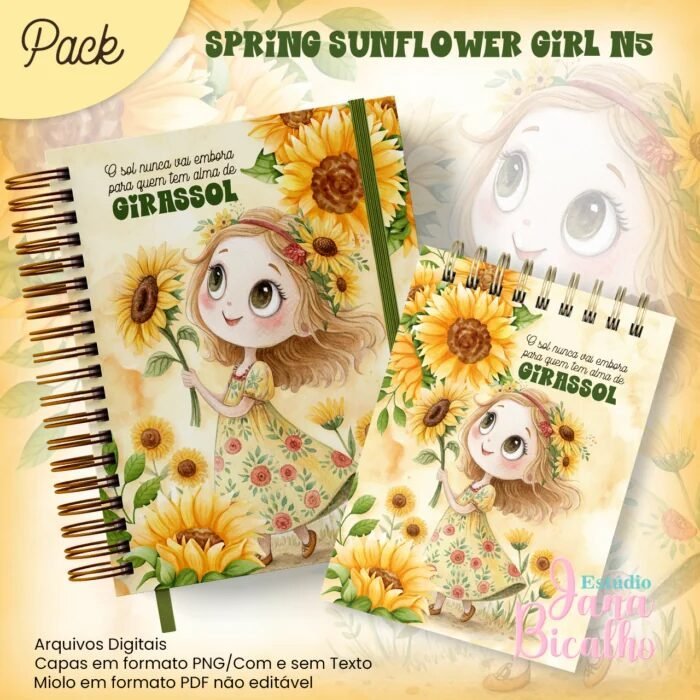 13-Spring-Sunflower-Girl-N5.jpg Caderno A5 + Bloquinho – Spring Sunflower Girl N5 (Jana Bicalho) - Imagem 1