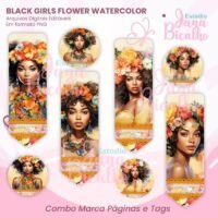 Combo Marca Páginas e Tag – Black Girls Flower Watercolor (Jana Bicalho)