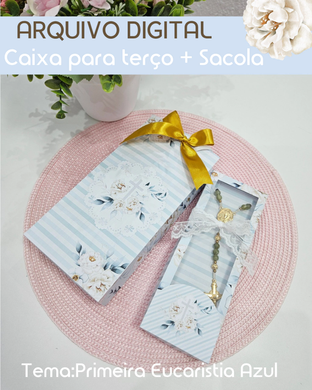Caixa-Sacola-para-Terco-Eucaristia-Azul Caixa + Sacola para Terço Eucaristia Azul - Imagem 1