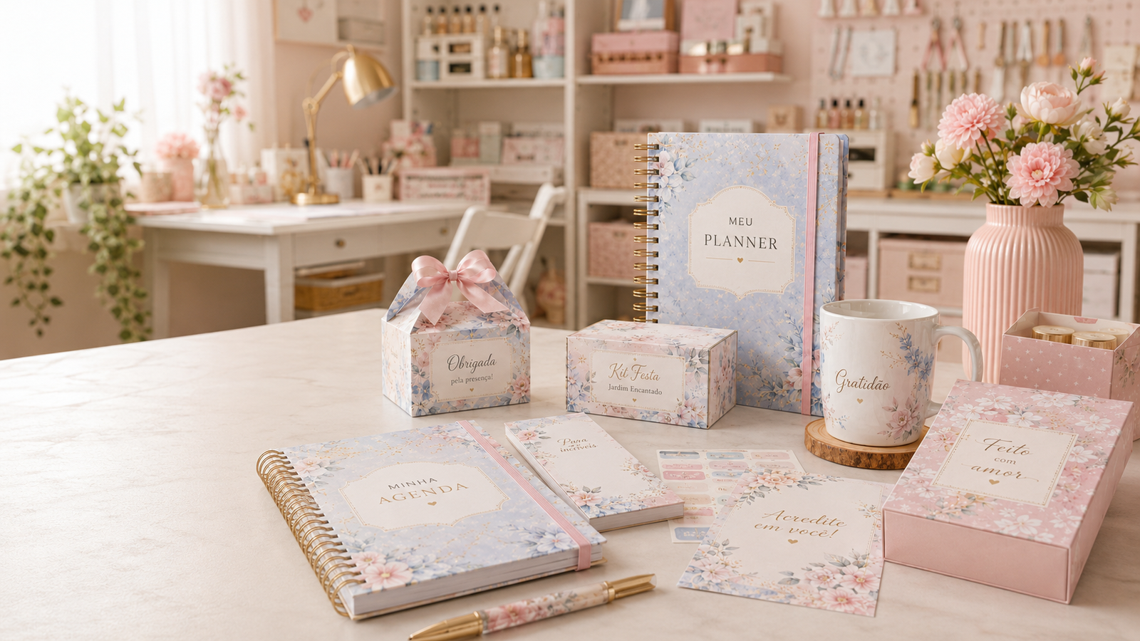 Ateliê moderno com planner, agenda, caneca personalizada, caixas premium e artigos de papelaria personalizada da Crafteria by Van