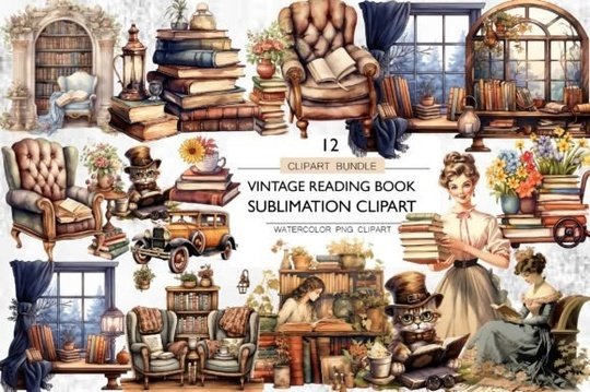 Kit-Digital-Vintage-Reading-Book-Sublimation-Clipart-86368023 Kit Digital Vintage Reading Book Sublimation Clipart 86368023 - Imagem 1