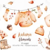 Kit Digital Watercolor Autumn Elements Clipart 98116768