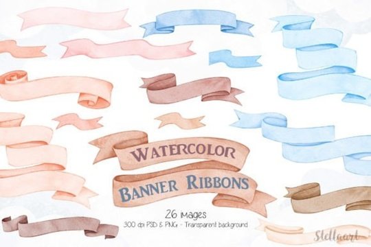 Kit-digital-Watercolor-Banner-Ribbons-Clipart-74596417 Kit Digital Watercolor Banner Ribbons Clipart 74596417 - Imagem 1