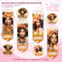 Combo Marca Páginas e Tags Black Girls Flower Watercolor