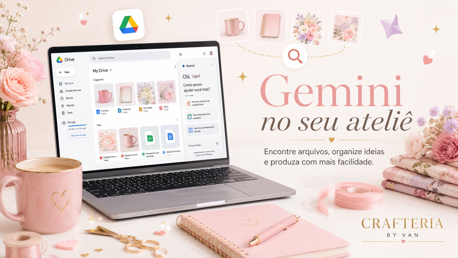 Gemini no ateliê ajudando a encontrar arquivos, organizar ideias e produzir com mais facilidade