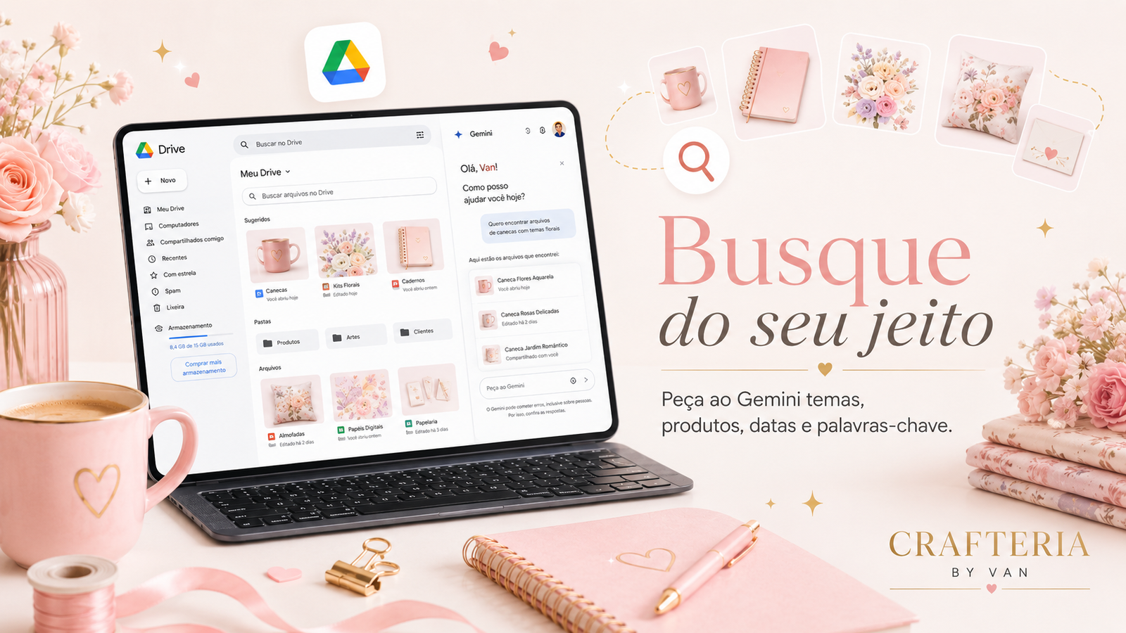 Busca de arquivos no Google Drive com Gemini usando temas, produtos, datas e palavras-chave
