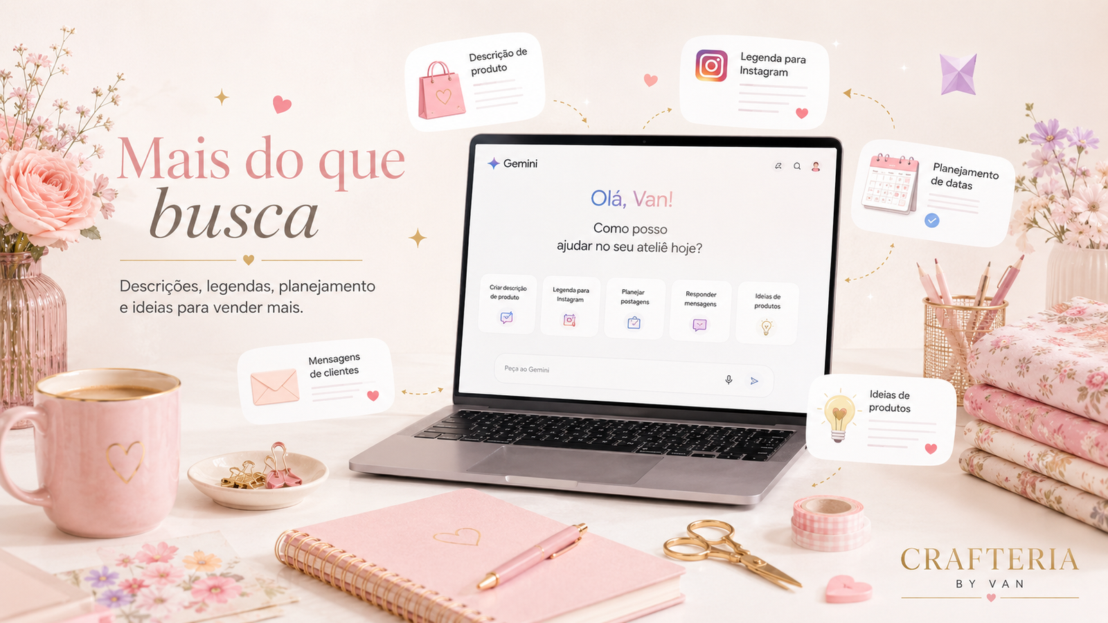 Gemini ajudando em descrições, legendas, planejamento e ideias para vender mais no ateliê