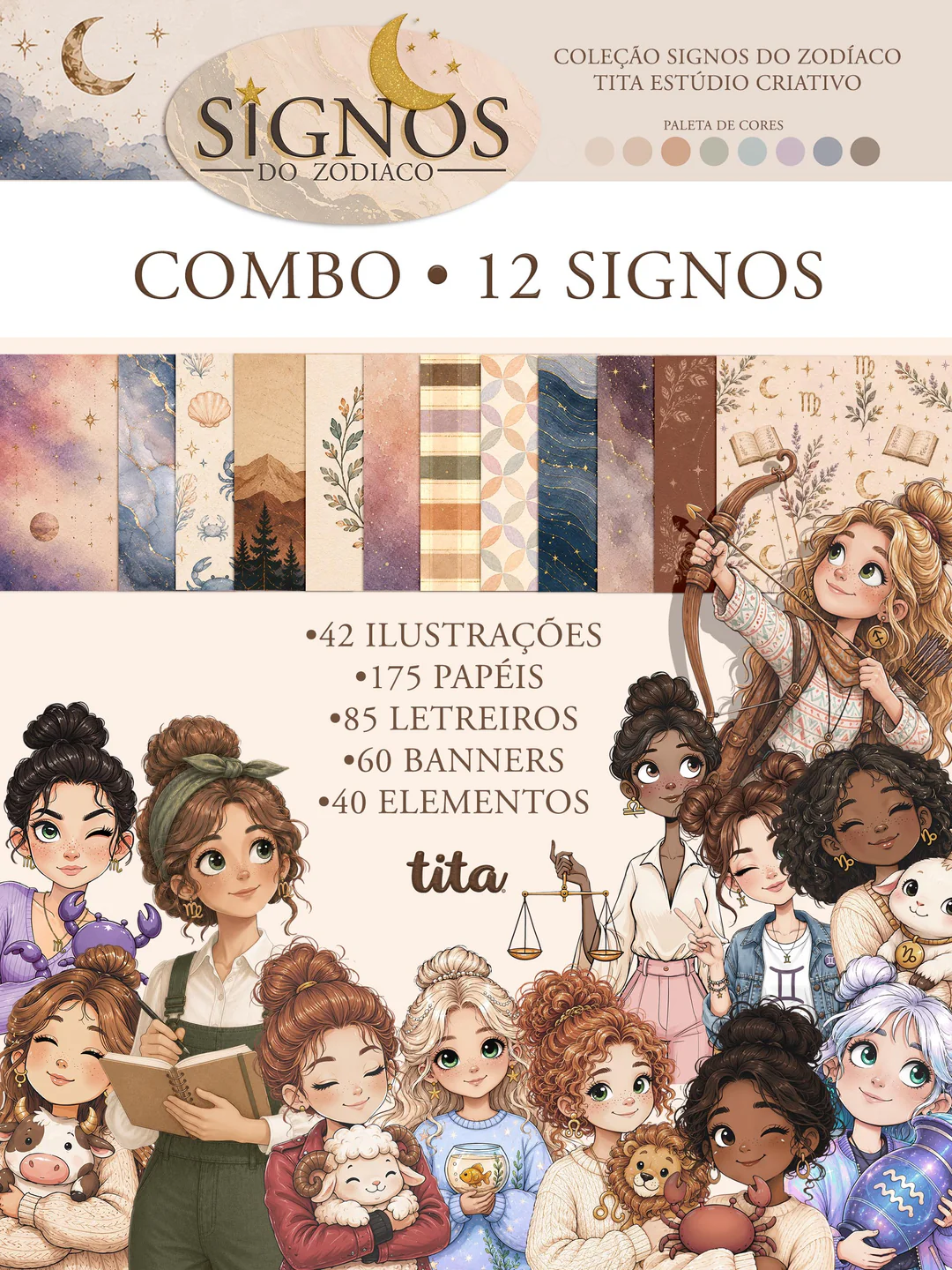 Signos-do-Zodiaco-Combo-Ilustracoes-e-papeis Signos do Zodíaco Combo Ilustrações e Papéis - Imagem 1