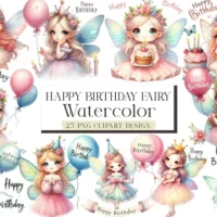 Cute Fairy Happy Birthday Clipart Bundle