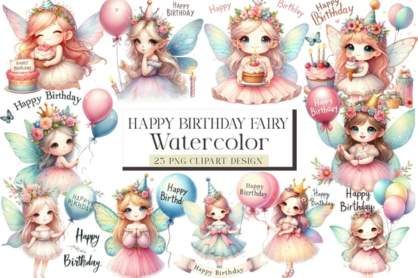 Cute-Fairy-Happy-Birthday-Clipart-Bundle Cute Fairy Happy Birthday Clipart Bundle - Imagem 1