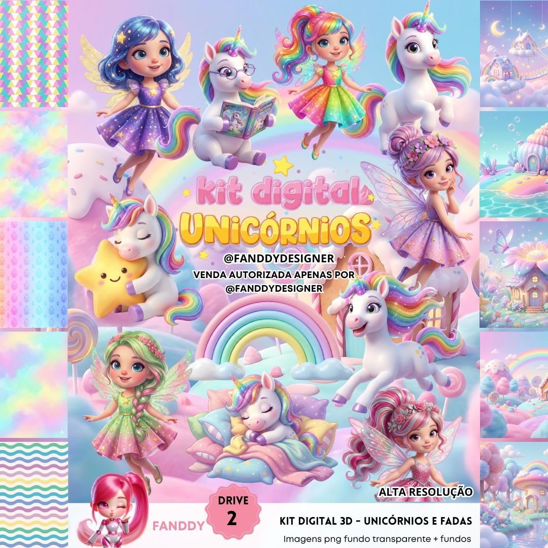 KIT-DIGITAL-FADAS-E-UNICORNIOS-3D Kit Digital Fadas e Unicórnios 3D - Imagem 1