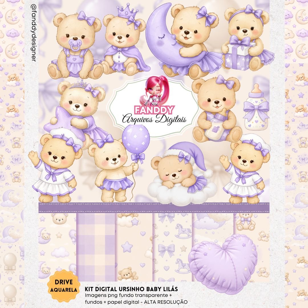 KIT-DIGITAL-URSINHA-BABY-LILAS Kit Digital Ursinha Baby Lilás - Imagem 1