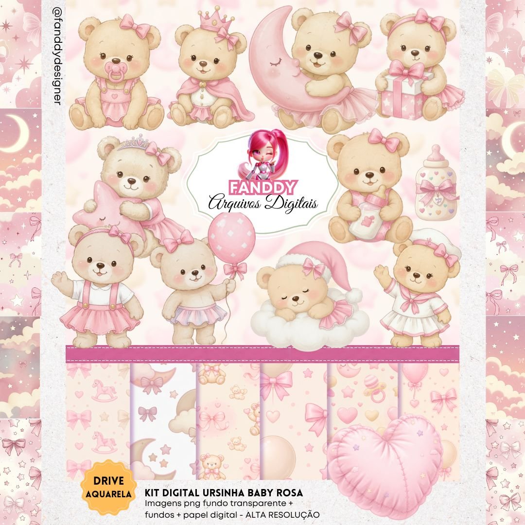 KIT-DIGITAL-URSINHA-BABY-ROSA Kit Digital Ursinha Baby Rosa - Imagem 1