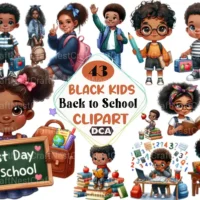 Kit Digital Black Kids Back To School Clipart Bundle