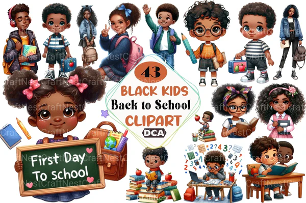 Kit-Digital-Black-Kids-Back-To-School-Clipart-Bundle Kit Digital Black Kids Back To School Clipart Bundle - Imagem 1