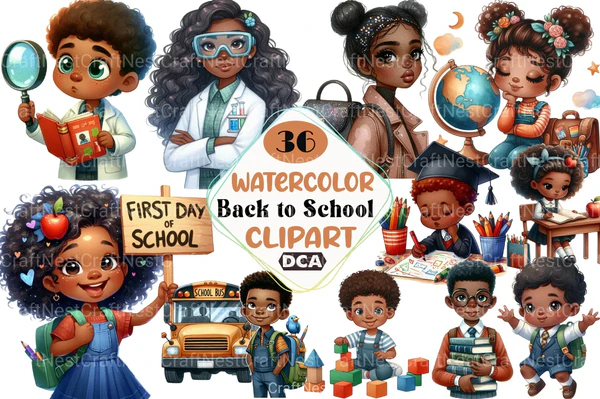 Kit-Digital-Black-Kids-Back-To-School-Set-Clipart-Bundle-2 Kit Digital Black Kids Back To School Set Clipart Bundle 2 - Imagem 1