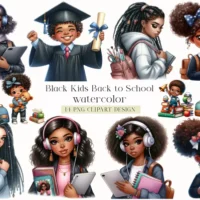 Kit Digital Black Kids Back To School Set Clipart Bundle